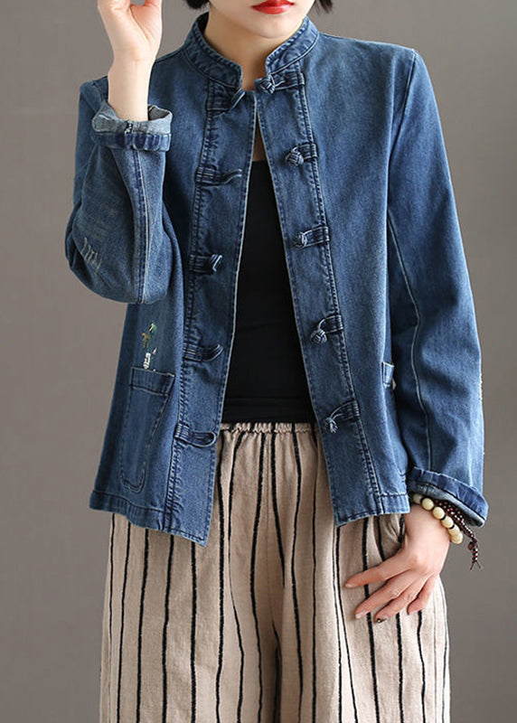 Blue Stand Collar Pockets Patchwork Button Denim Coats Fall