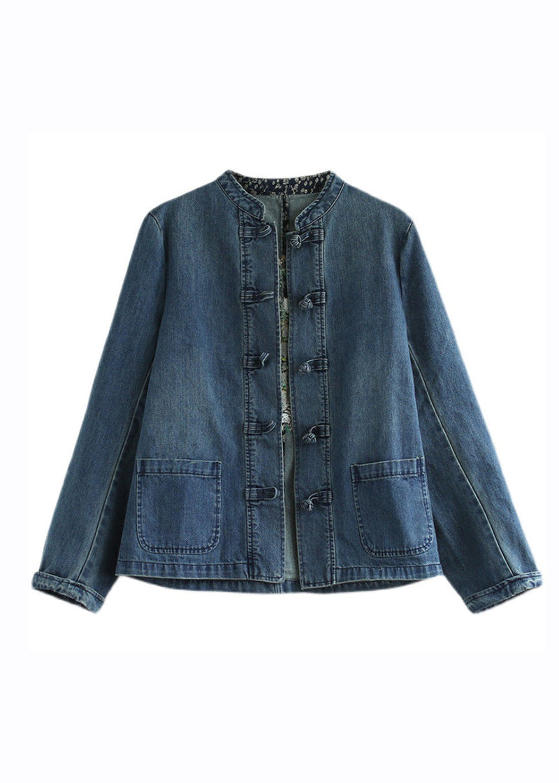 Blue Stand Collar Pockets Patchwork Button Denim Coats Fall