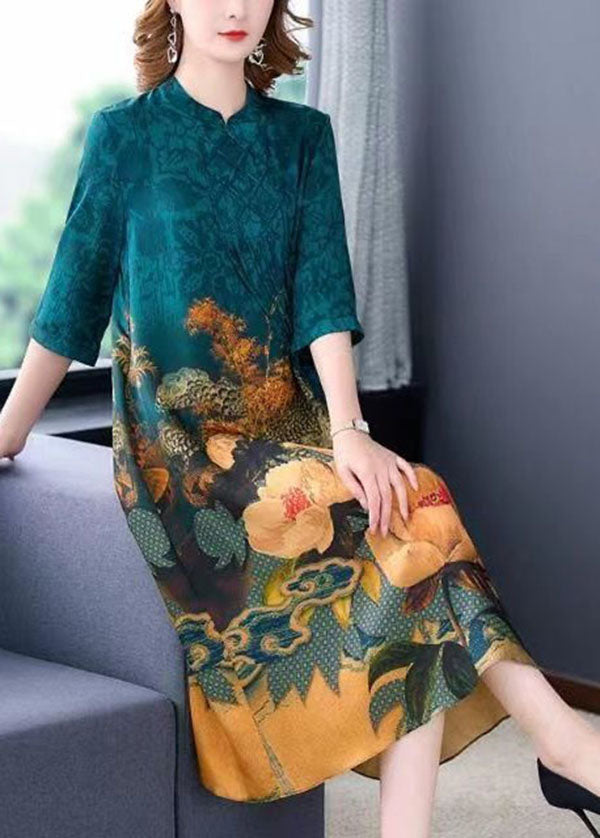 Blue Stand Collar Print Tassel Silk Long Dress Half Sleeve