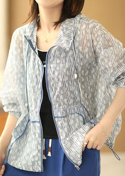 Blue Striped Zippered Drawstring Hooded Pockets Upf 50+ Coat Jacket Summer