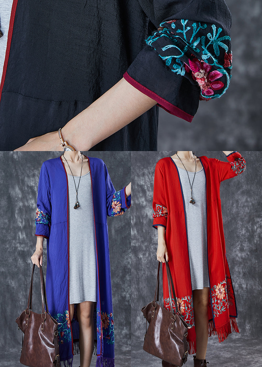 Blue Tasseled Embroidered Cotton Cardigan Fall