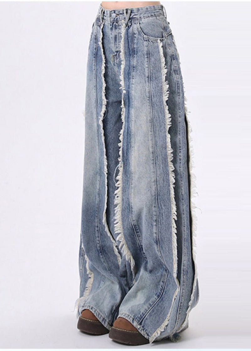 Blue Tasseled Patchwork Denim Straight Pants Spring