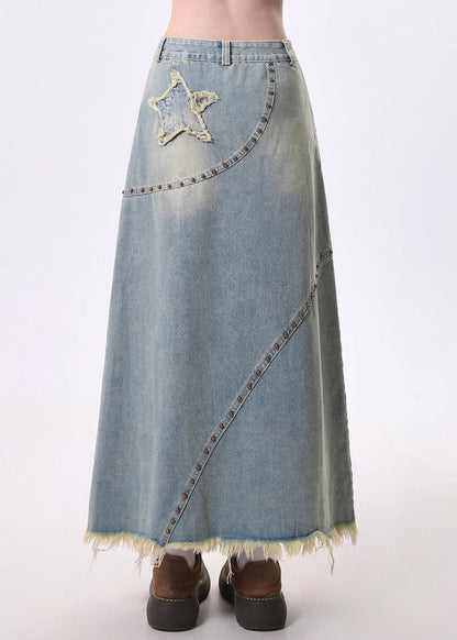 Blue Tasseled Patchwork Rivet Denim a Line Skirt Spring