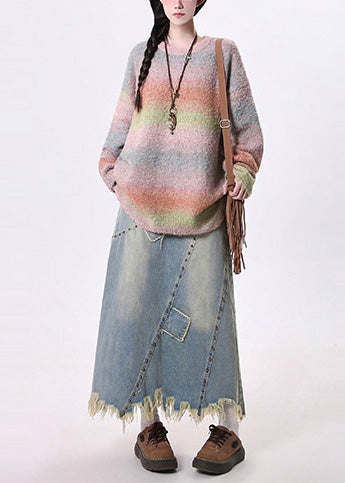 Blue Tasseled Patchwork Rivet Denim a Line Skirt Spring
