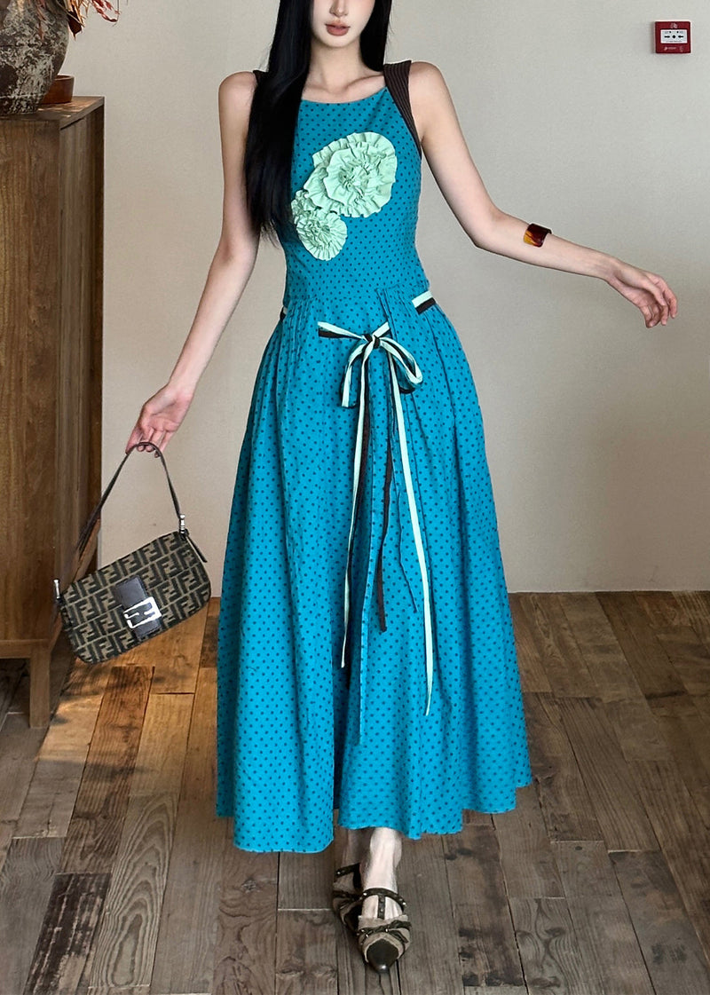 Blue Tie Waist Flower Decorated Cotton Dress Sleeveless