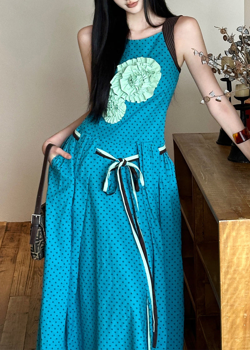 Blue Tie Waist Flower Decorated Cotton Dress Sleeveless