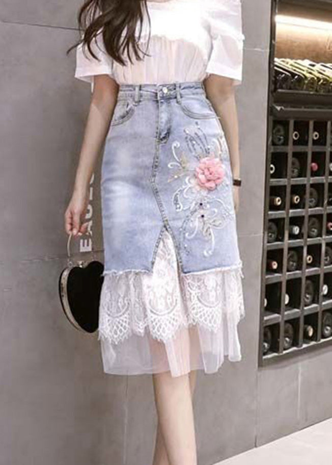 Blue Tulle Patchwork Button Denim Skirt