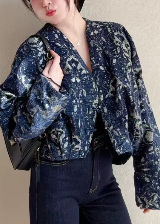 Blue V Neck Button Print Cotton Short Coats Fall