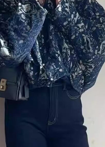 Blue V Neck Button Print Cotton Short Coats Fall
