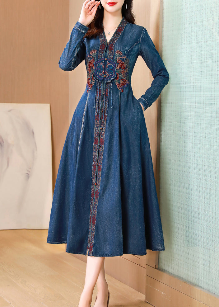 Blue V Neck Embroidered Patchwork Denim Dresses Fall