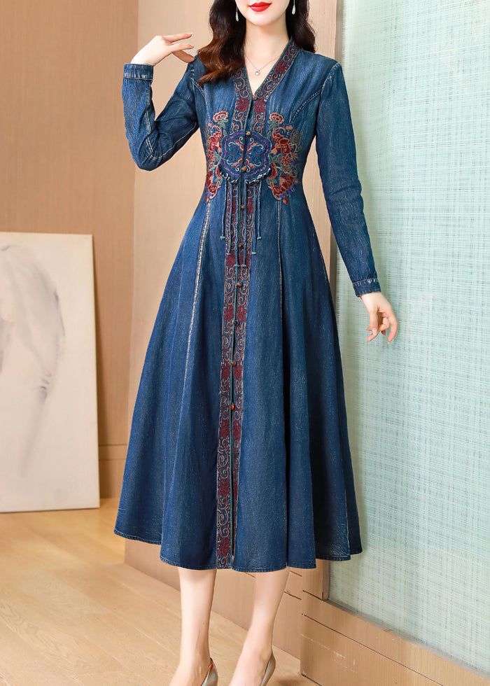 Blue V Neck Embroidered Patchwork Denim Dresses Fall