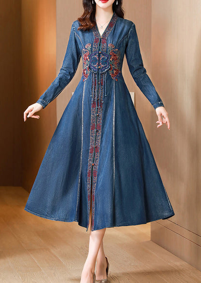 Blue V Neck Embroidered Patchwork Denim Dresses Fall