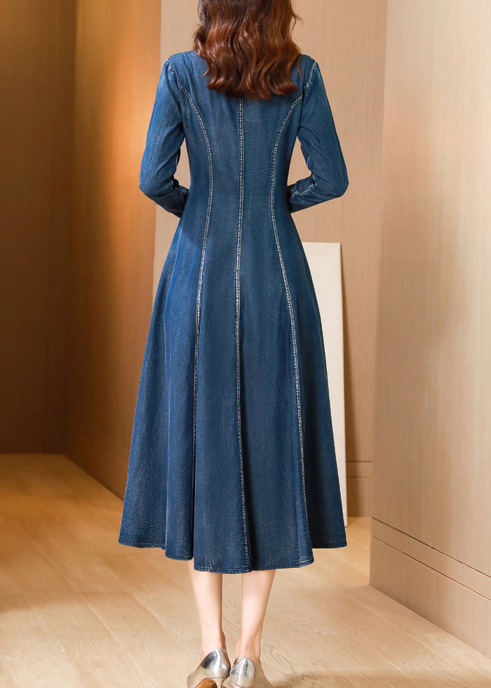 Blue V Neck Embroidered Patchwork Denim Dresses Fall