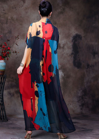 Blue V Neck Print Chiffon Beach Dresses Short Sleeve