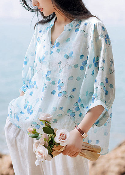 Blue V Neck Print Linen Shirt Tops Lantern Sleeve