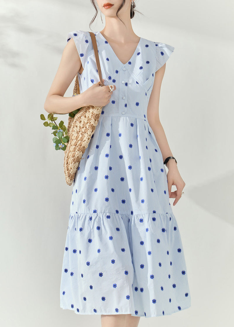 Blue V Neck Print Tunic Maxi Dresses Summer