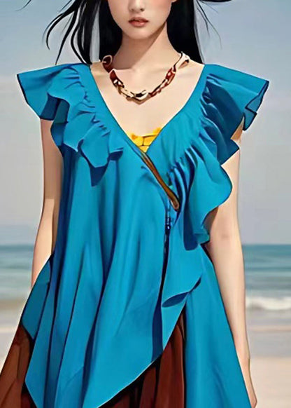 Blue V Neck Ruffled Patchwork Chiffon Dresses Sleeveless