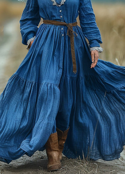 Blue V Neck Wrinkled Patchwork Cotton Long Dresses Spring