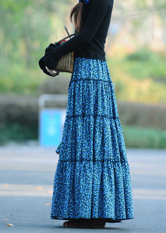 Blue Wrinkled Print Patchwork Corduroy Skirts Spring