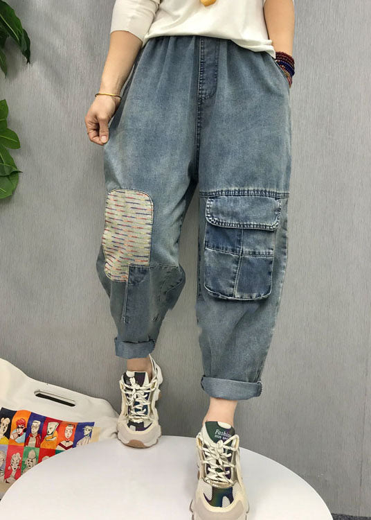 Blue Elastic Waist Patch Applique Denim Pants Spring