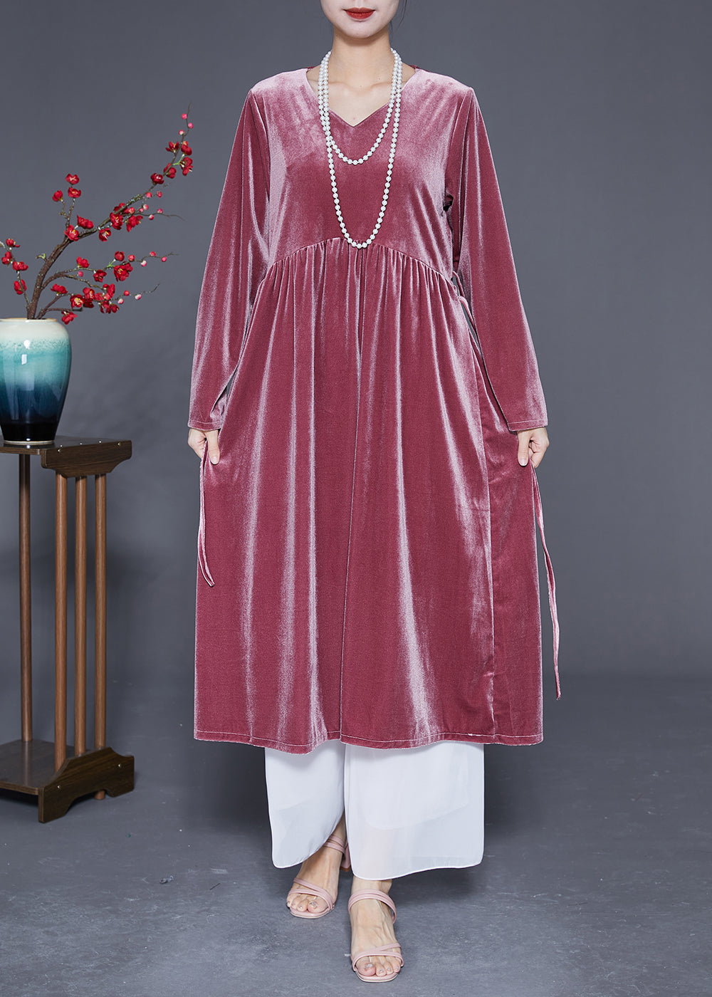 Brick Red V Neck Patchwork Silk Velour Maxi Dresses Spring