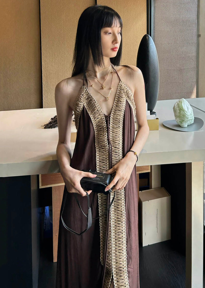 Brown Backless Patchwork Cotton Spaghetti Strap Dress Summer
