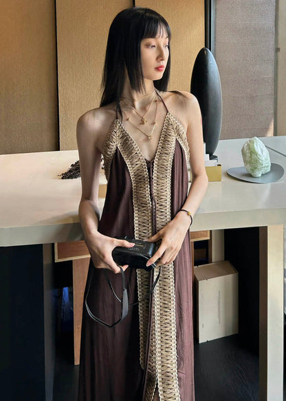 Brown Backless Patchwork Cotton Spaghetti Strap Dress Summer