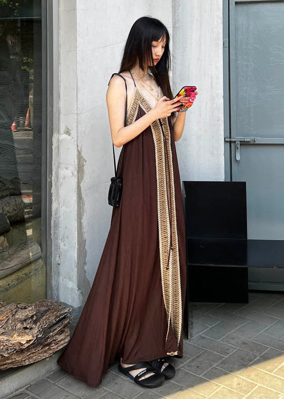 Brown Backless Patchwork Cotton Spaghetti Strap Dress Summer
