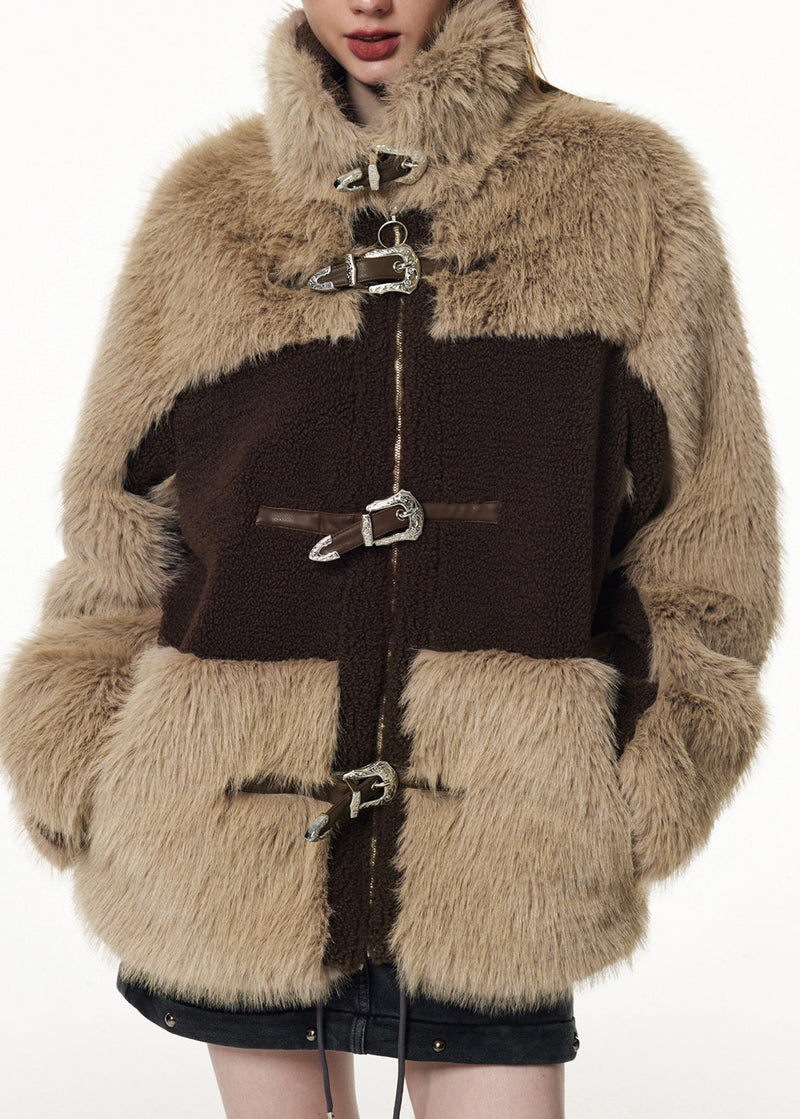 Brown Chocolate Stand Collar Patchwork Zippered Button Faux Fur Coats Winter