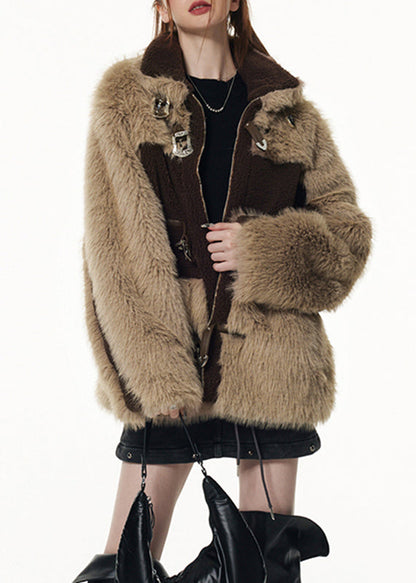 Brown Chocolate Stand Collar Patchwork Zippered Button Faux Fur Coats Winter