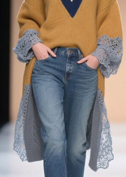 Brown Low High Design Patchwork Lace Sweater Winter