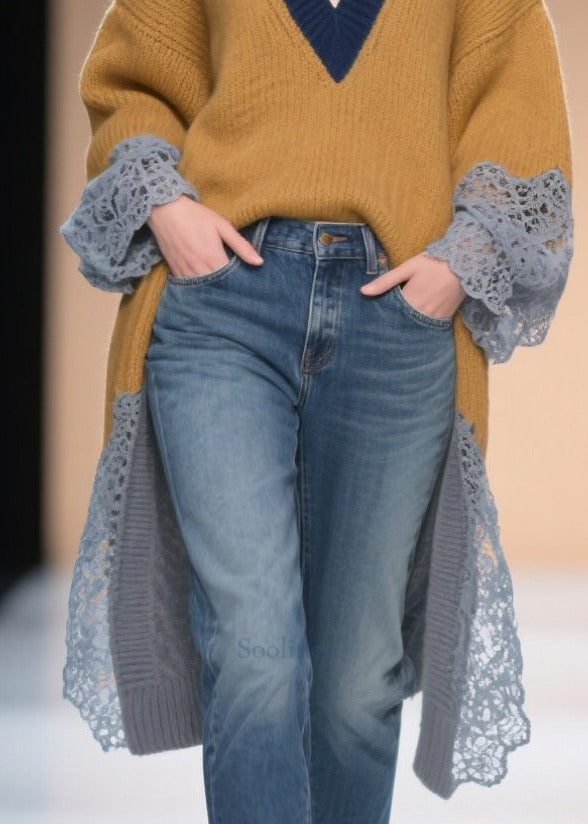Brown Low High Design Patchwork Lace Sweater Winter