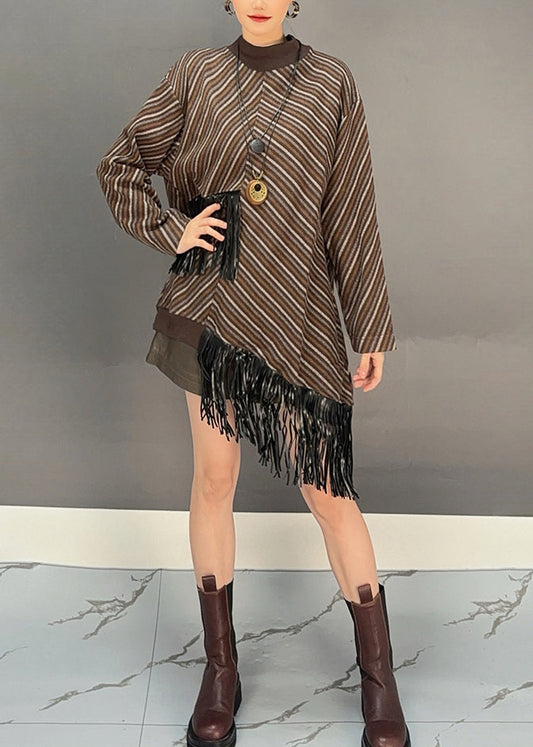 Brown O-neck Asymmetrical Tassel Wool Knit Long Sweater Dress Winter