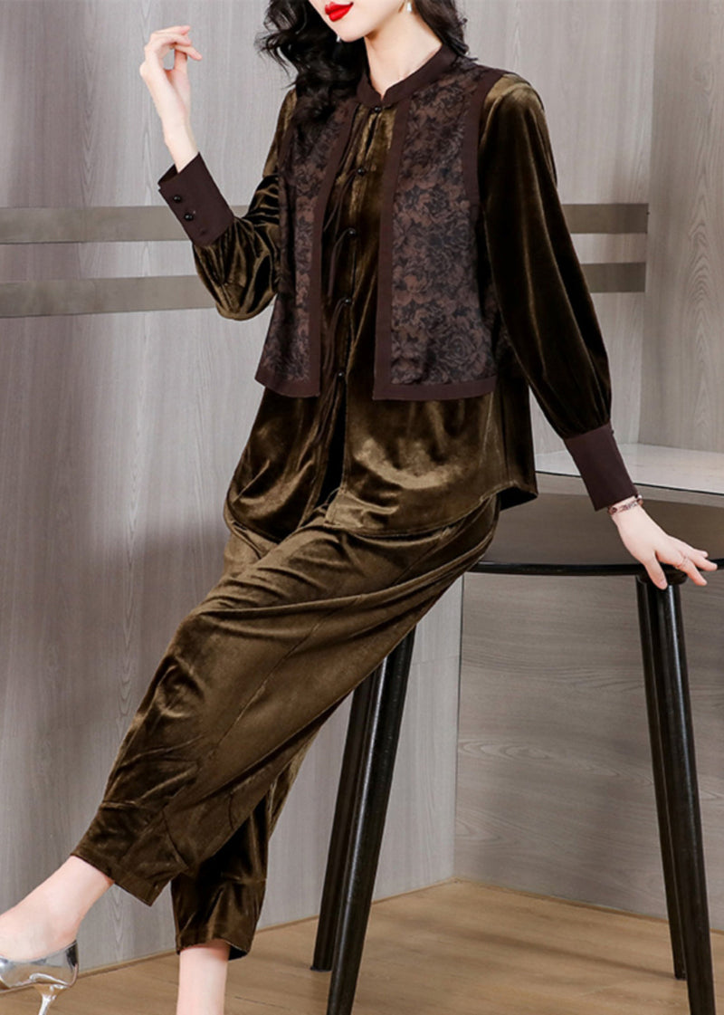 Brown Patchwork Button Silk Velour Top and Harem Pants Two Pieces Set Long Sleeve