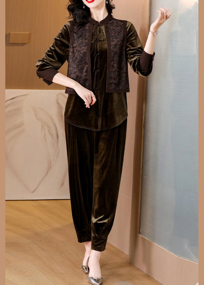 Brown Patchwork Button Silk Velour Top and Harem Pants Two Pieces Set Long Sleeve