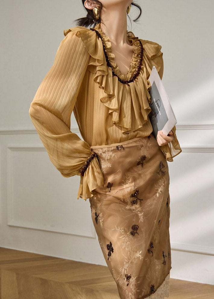 Brown Ruffled Patchwork Shirt Flare Sleeve