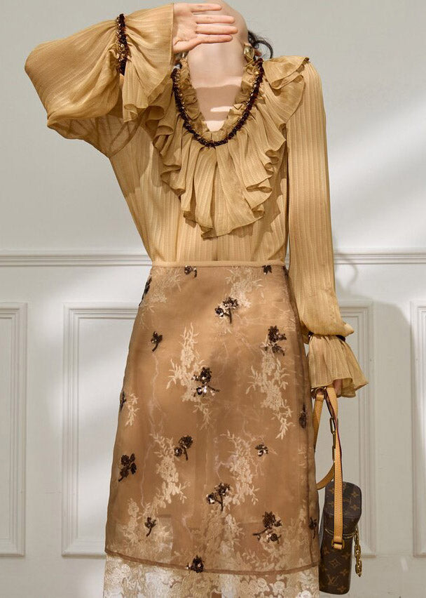 Brown Ruffled Patchwork Shirt Flare Sleeve