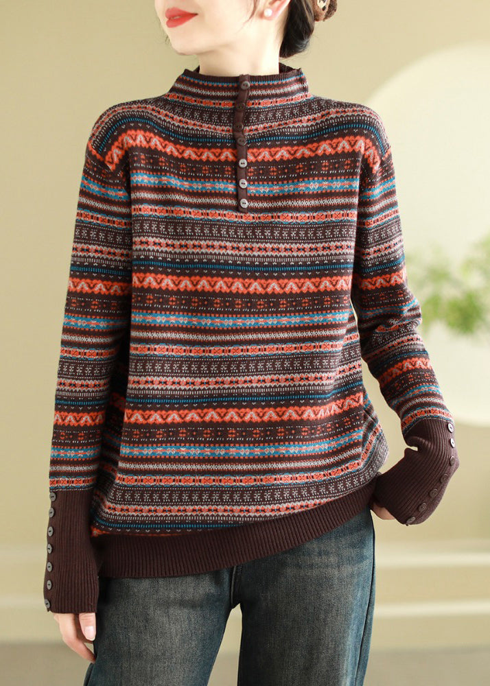 Brown Stand Collar Striped Knit Sweaters Spring