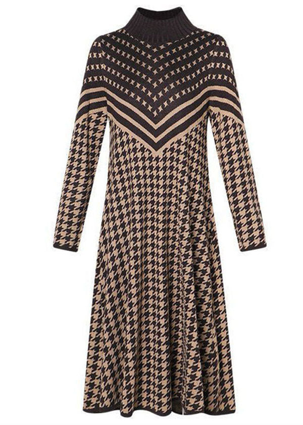 Camel High Neck Print Long Knit Dress Long Sleeve