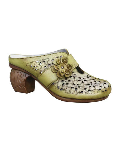 Caramel Hollow Out Cowhide Leather Chunky Heel Slide Sandals