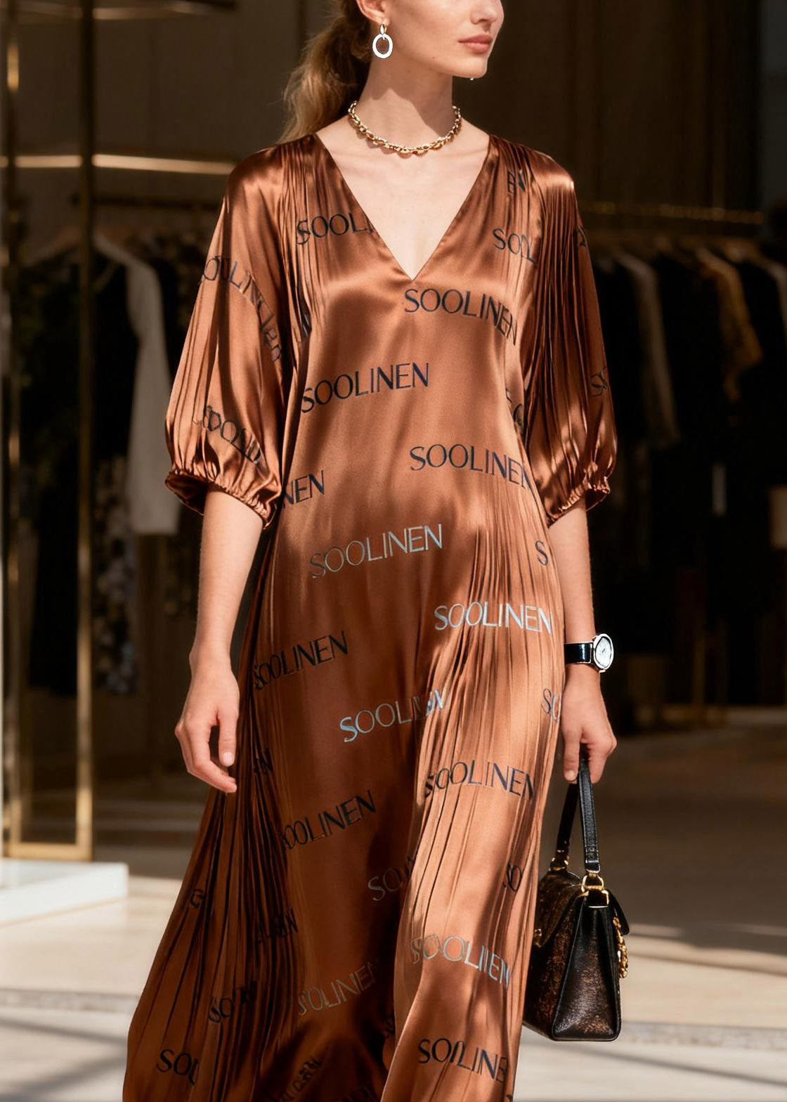 Caramel Patchwork Silk Party Maxi Dress Lanter Sleeve