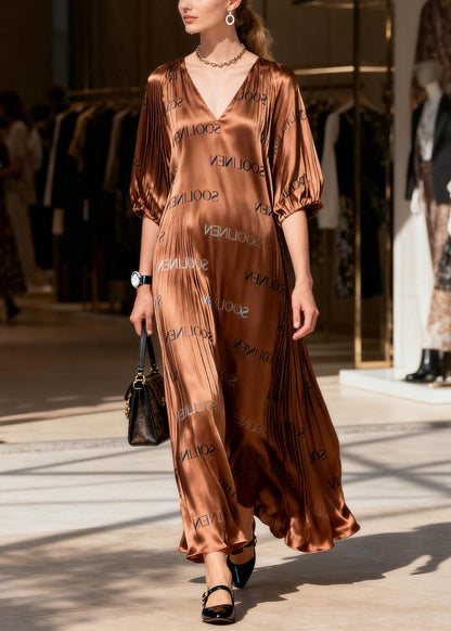 Caramel Patchwork Silk Party Maxi Dress Lanter Sleeve