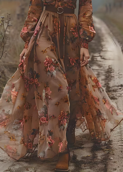 Caramel V Neck Print Exra Large Hem Chiffon Dress Spring