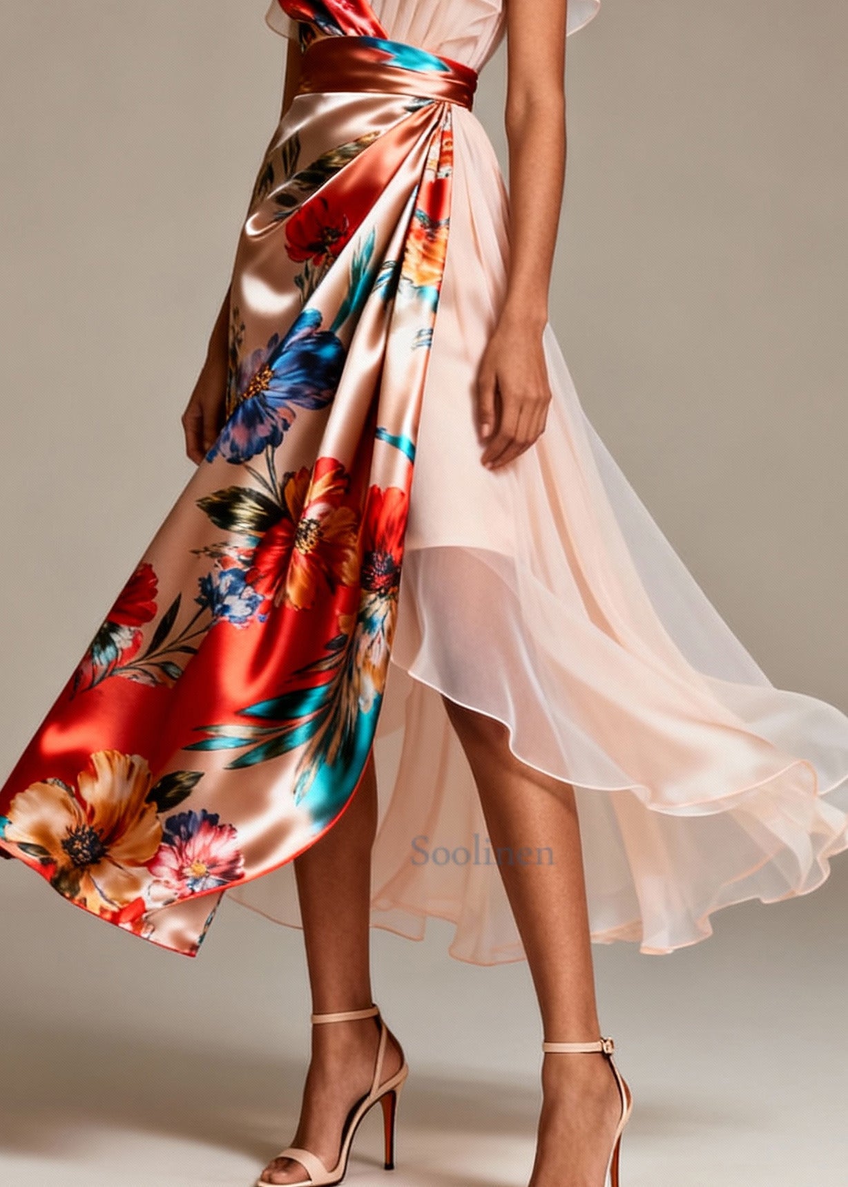Champagne Asymmetrical Print Silk Evening Dress Butterfly Sleeve