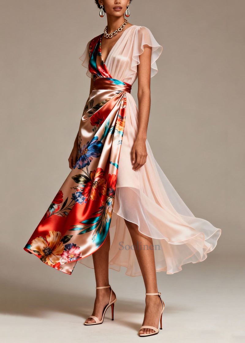 Champagne Asymmetrical Print Silk Evening Dress Butterfly Sleeve