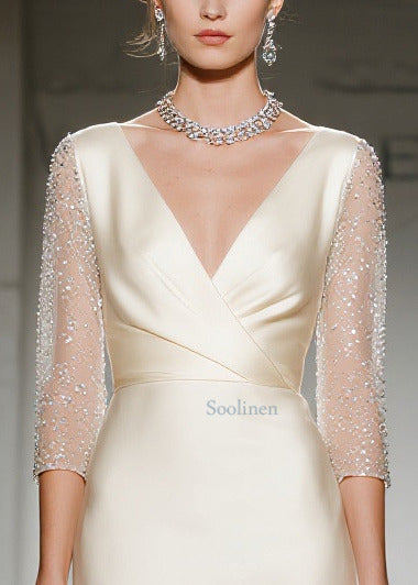 Champagne V Neck Patchwork Silk Dresses Summer