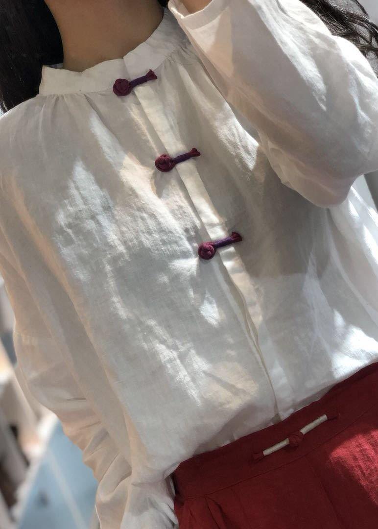 Chinese Button Linen Tunics for Christmas Gifts White Tops Fall