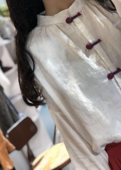 Bohemian Chinese Button linen tunics for women Christmas Gifts white tops fall