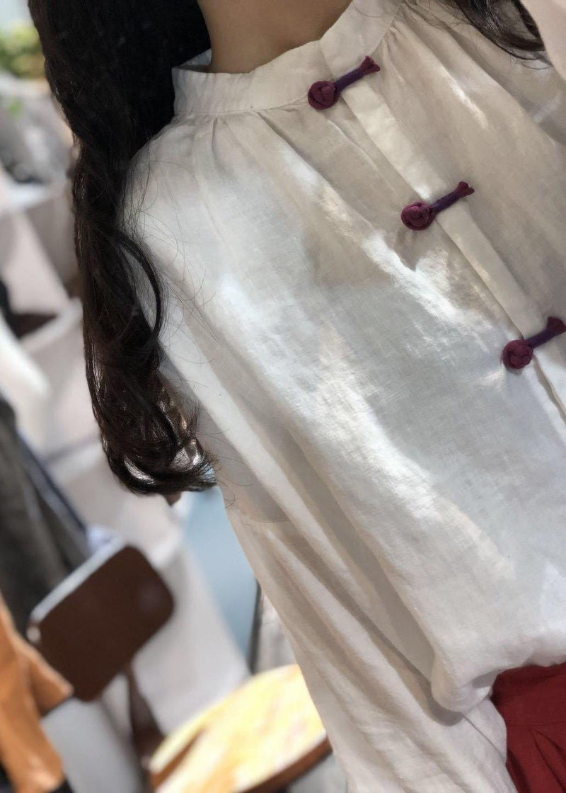 Chinese Button Linen Tunics for Christmas Gifts White Tops Fall