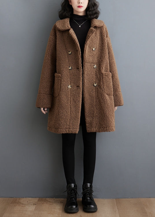Chocolate Double Breast Thick Faux Fur Trench Winter